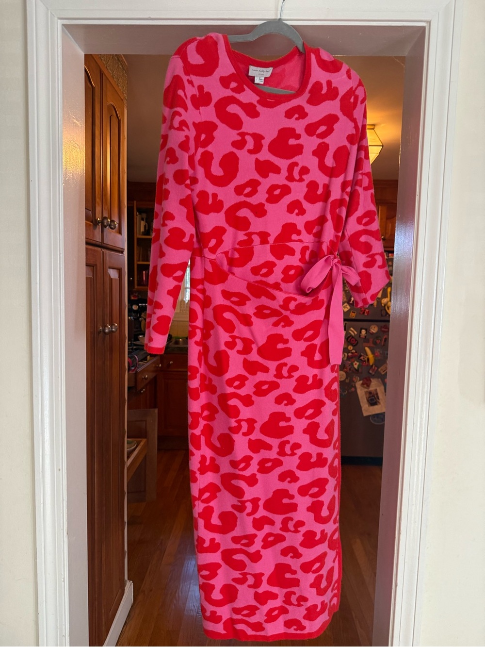 Never Fully Dressed Pink and Red Leopard-Print Long Sleeve Dress with Waist Tie